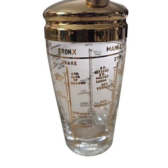 Vintage Mid Century Gold Recipe Glass Cocktail Shaker Martini Manhattan Bronx - Picture 4 of 12